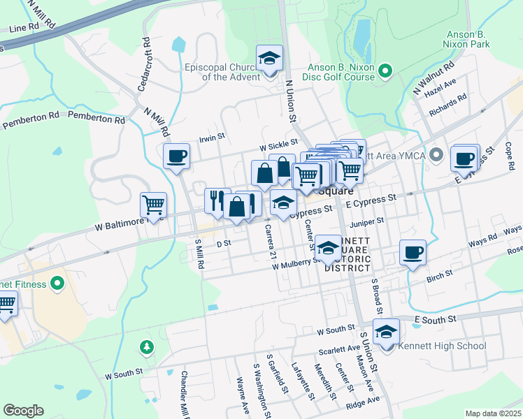map of restaurants, bars, coffee shops, grocery stores, and more near 312 West State Street in Kennett Square
