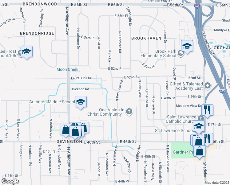 map of restaurants, bars, coffee shops, grocery stores, and more near 5027 North Kenmore Road in Indianapolis