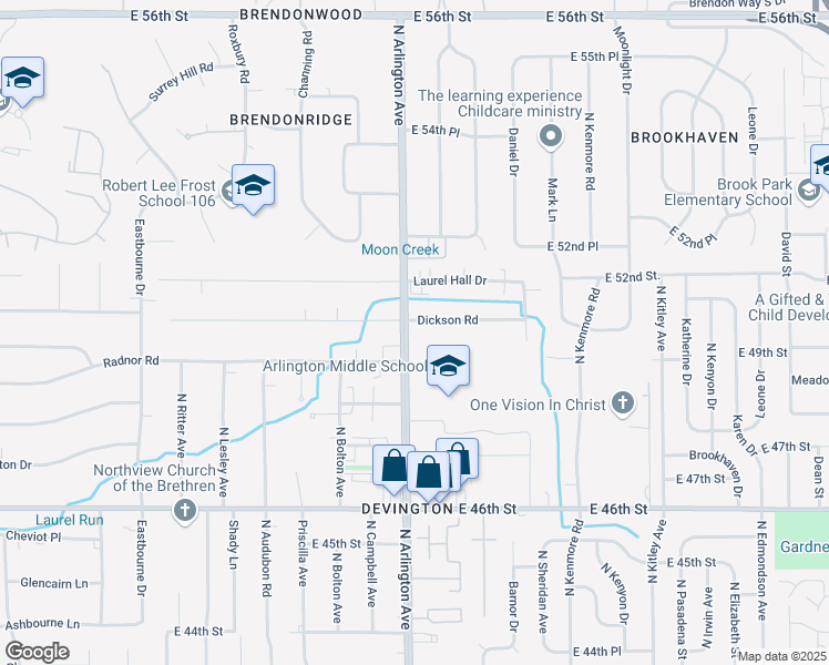 map of restaurants, bars, coffee shops, grocery stores, and more near 6028 Dickson Road in Indianapolis