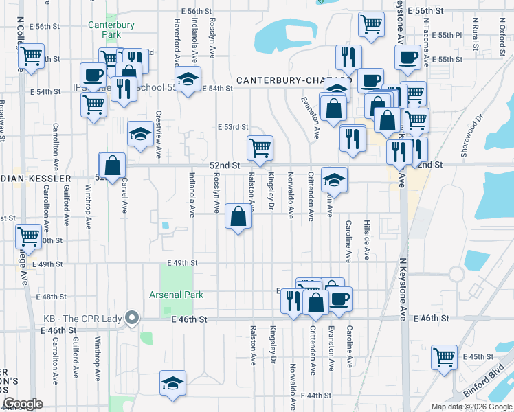map of restaurants, bars, coffee shops, grocery stores, and more near 5126 Ralston Avenue in Indianapolis