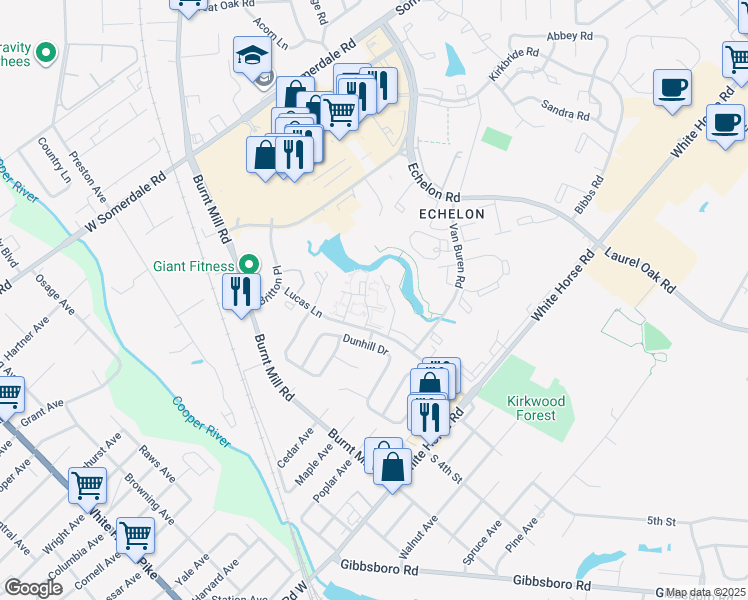 map of restaurants, bars, coffee shops, grocery stores, and more near 237 Lucas Lane in Voorhees Township
