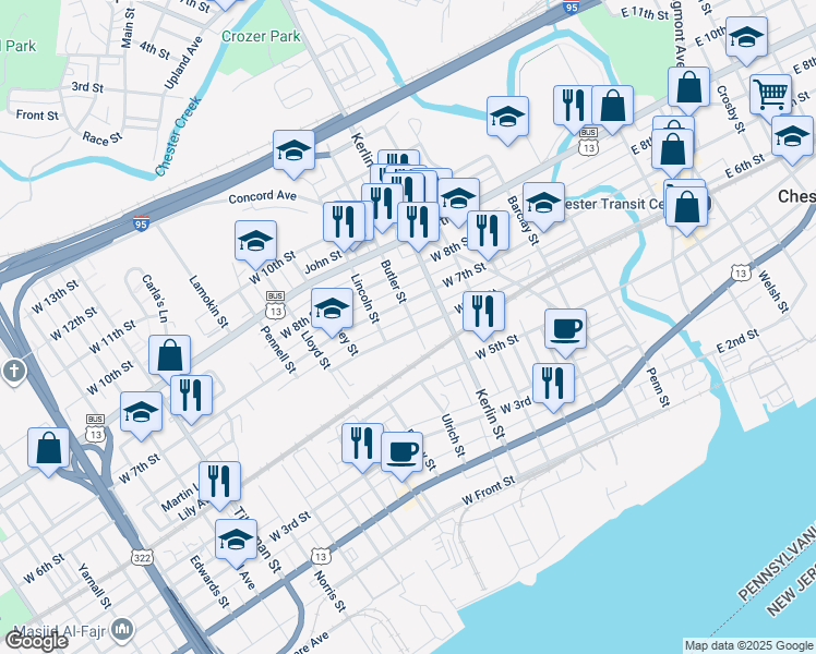 map of restaurants, bars, coffee shops, grocery stores, and more near 804 West 6th Street in Chester