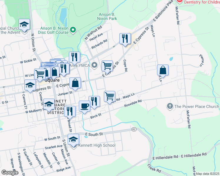 map of restaurants, bars, coffee shops, grocery stores, and more near 301 Walnut Court Way in Kennett Square