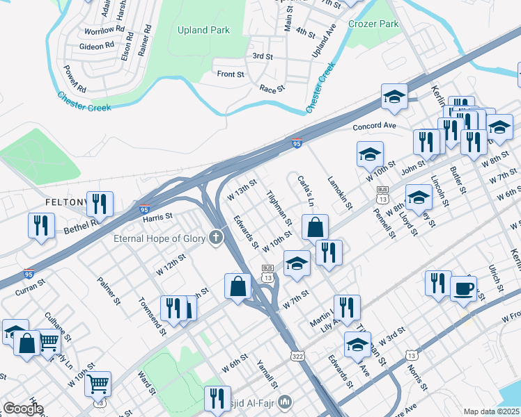 map of restaurants, bars, coffee shops, grocery stores, and more near 1125 Central Avenue in Chester