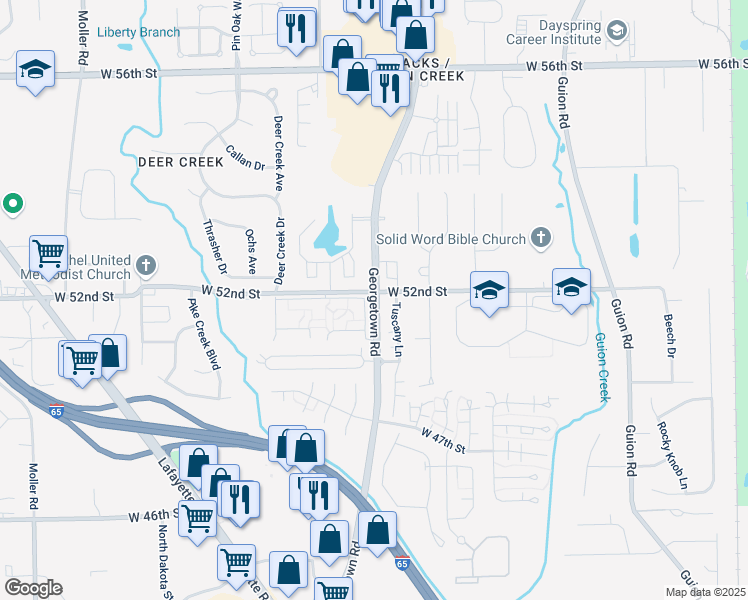 map of restaurants, bars, coffee shops, grocery stores, and more near 4984 West 52nd Street in Indianapolis
