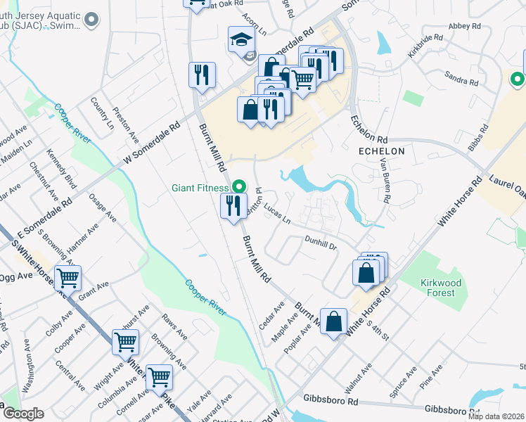 map of restaurants, bars, coffee shops, grocery stores, and more near 608 Britton Place in Voorhees Township