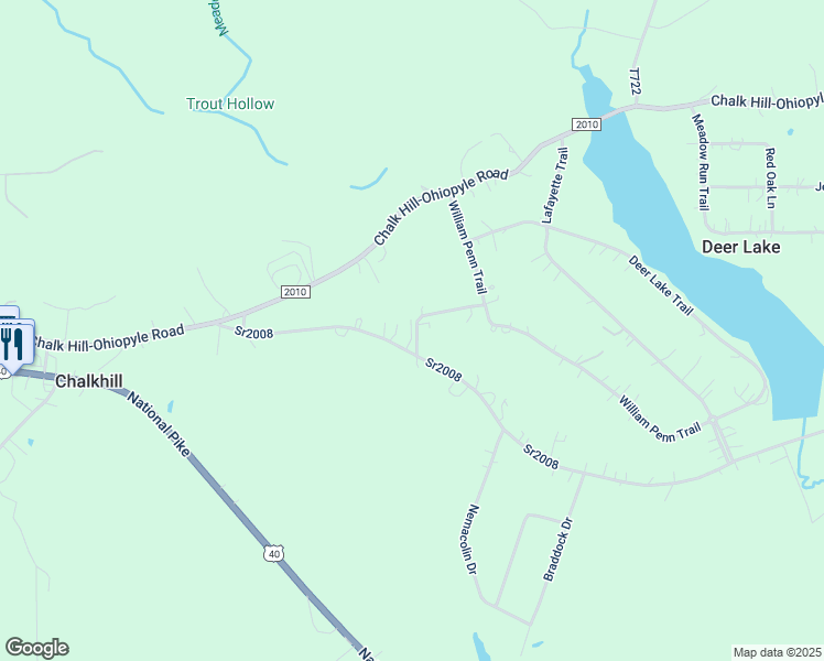 map of restaurants, bars, coffee shops, grocery stores, and more near 213-218 Chestnut Lane in Fayette