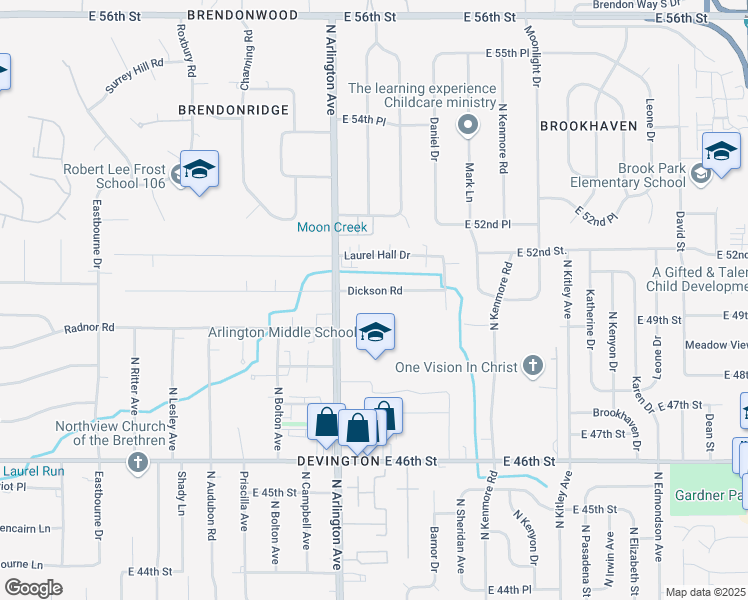 map of restaurants, bars, coffee shops, grocery stores, and more near 6037 Dickson Road in Indianapolis