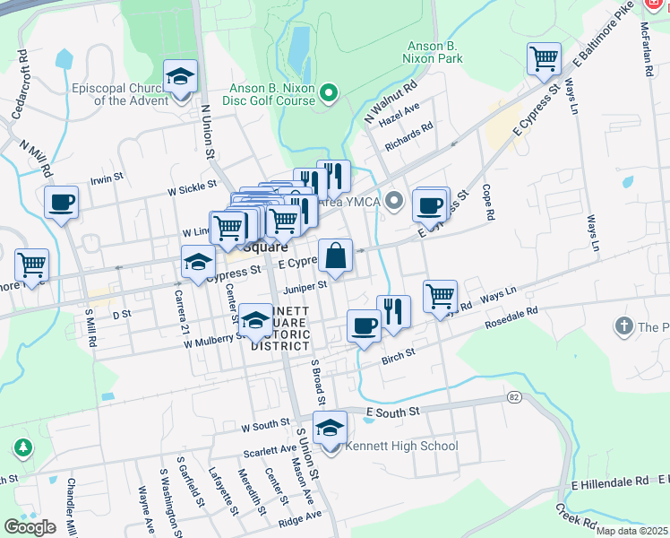 map of restaurants, bars, coffee shops, grocery stores, and more near 211 Marshall Street in Kennett Square