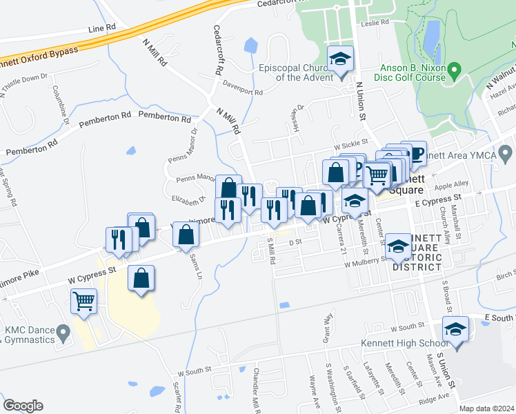map of restaurants, bars, coffee shops, grocery stores, and more near 701 West State Street in Kennett Square