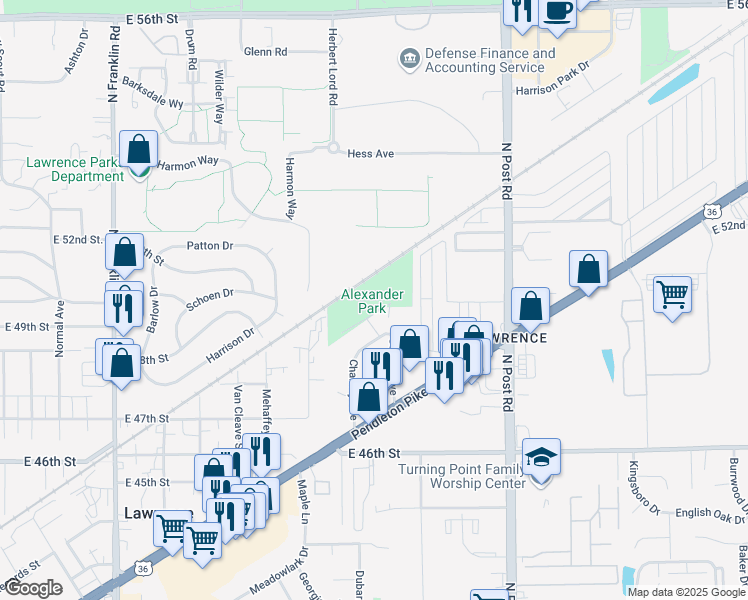 map of restaurants, bars, coffee shops, grocery stores, and more near 4902 Bechtold Avenue in Lawrence