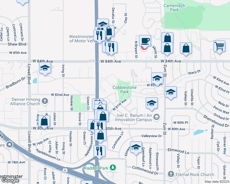 map of restaurants, bars, coffee shops, grocery stores, and more near 8290 Federal Boulevard in Westminster