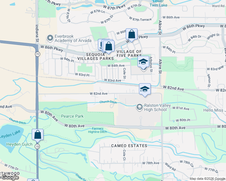 map of restaurants, bars, coffee shops, grocery stores, and more near 13805 West 82nd Avenue in Arvada