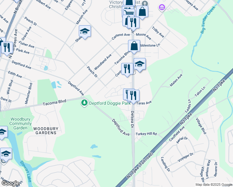 map of restaurants, bars, coffee shops, grocery stores, and more near 601 Winding Way in Westville