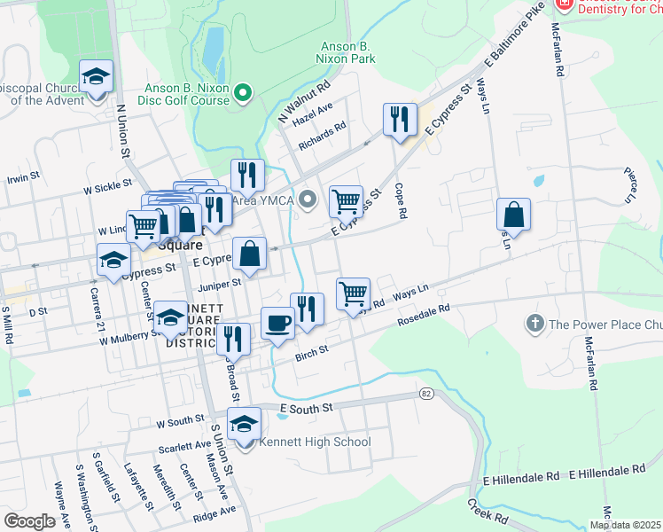 map of restaurants, bars, coffee shops, grocery stores, and more near 205 Dalmatian Street in Kennett Square