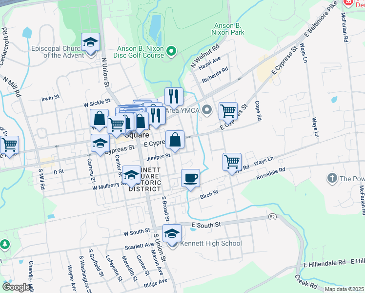 map of restaurants, bars, coffee shops, grocery stores, and more near 202 South Willow Street in Kennett Square