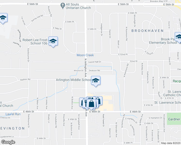 map of restaurants, bars, coffee shops, grocery stores, and more near 6028 Dickson Road in Indianapolis