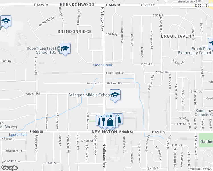 map of restaurants, bars, coffee shops, grocery stores, and more near 6028 Dickson Road in Indianapolis