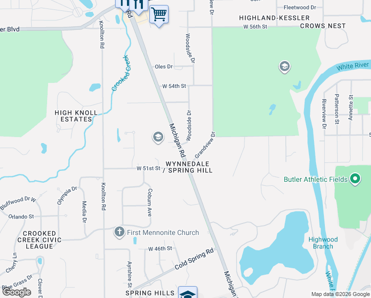 map of restaurants, bars, coffee shops, grocery stores, and more near 5201 Woodside Drive in Indianapolis