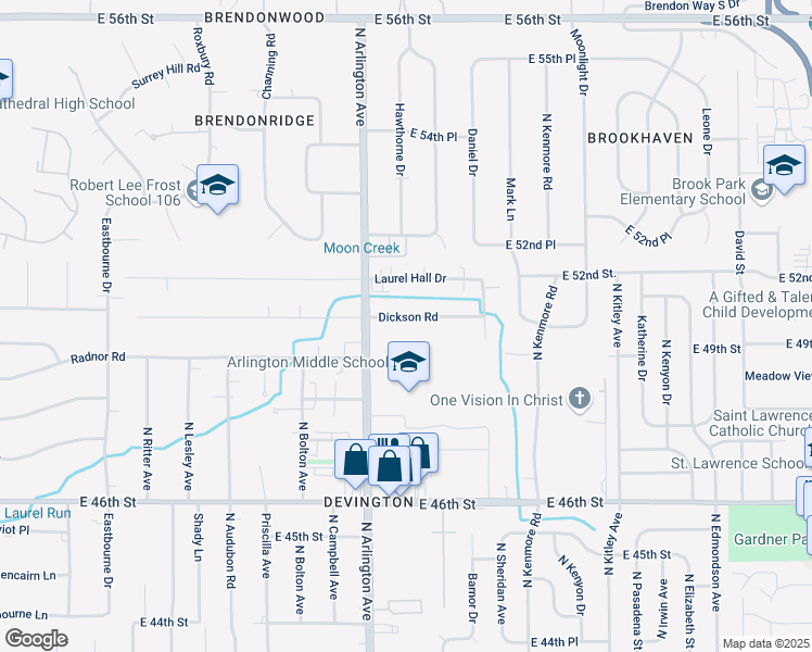 map of restaurants, bars, coffee shops, grocery stores, and more near 6037 Dickson Road in Indianapolis