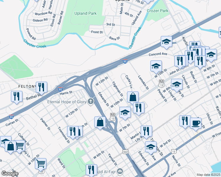 map of restaurants, bars, coffee shops, grocery stores, and more near 1125 Central Avenue in Chester