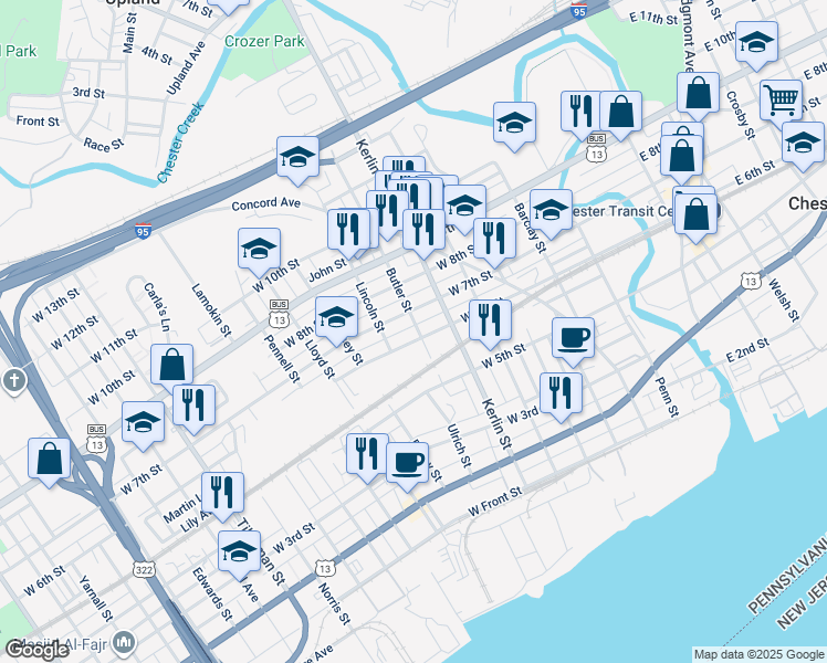 map of restaurants, bars, coffee shops, grocery stores, and more near 804 West 6th Street in Chester