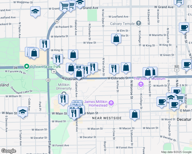 map of restaurants, bars, coffee shops, grocery stores, and more near 962 West Eldorado Street in Decatur