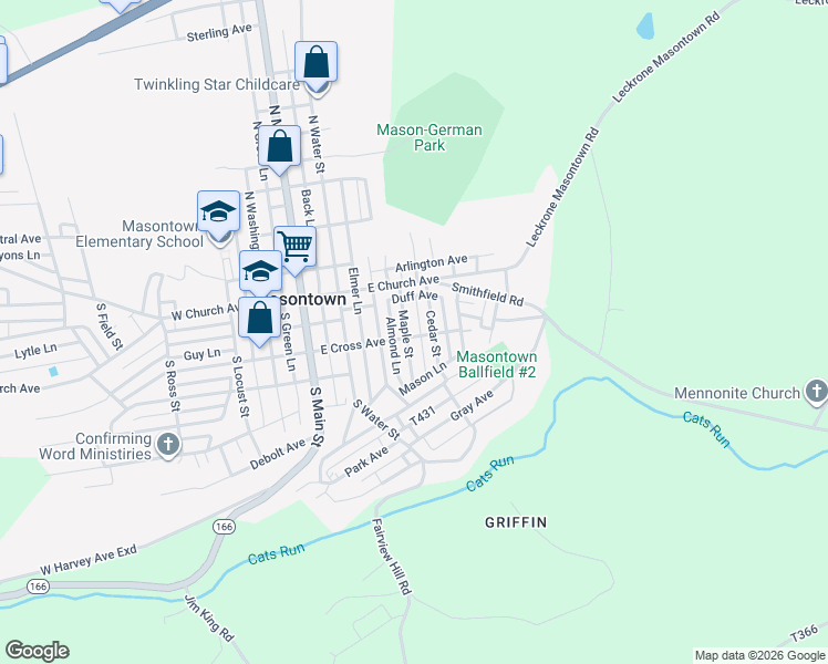 map of restaurants, bars, coffee shops, grocery stores, and more near 14 Maple Street in Masontown