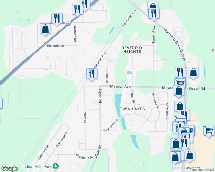 map of restaurants, bars, coffee shops, grocery stores, and more near 201 Mayden Avenue in Springfield