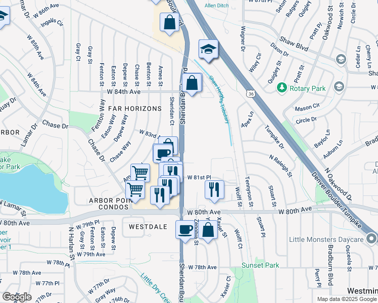map of restaurants, bars, coffee shops, grocery stores, and more near 8200 Sheridan Boulevard in Westminster