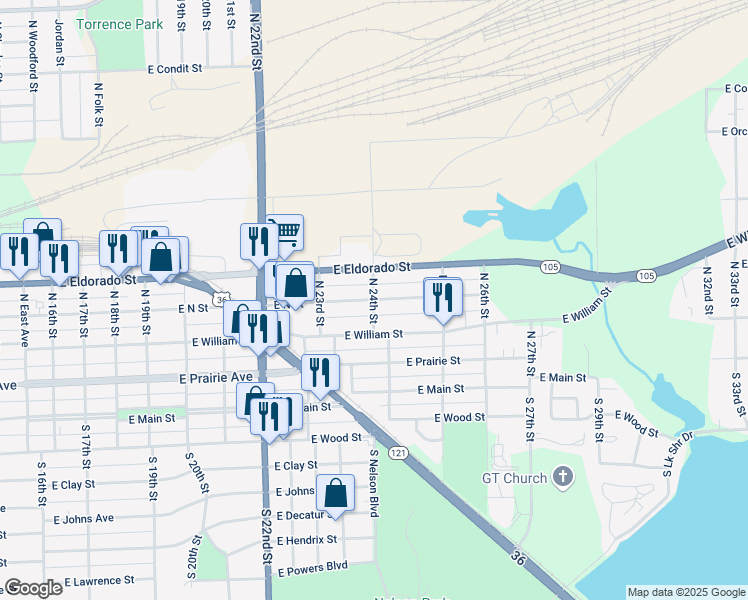 map of restaurants, bars, coffee shops, grocery stores, and more near 2400 East North Street in Decatur