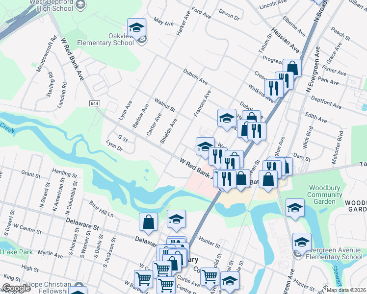 map of restaurants, bars, coffee shops, grocery stores, and more near 142 Oak Street in Woodbury