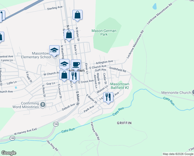map of restaurants, bars, coffee shops, grocery stores, and more near 14 Maple Street in Masontown