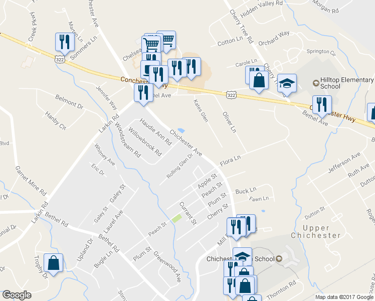 map of restaurants, bars, coffee shops, grocery stores, and more near 1310 Rolling Glen Drive in Boothwyn