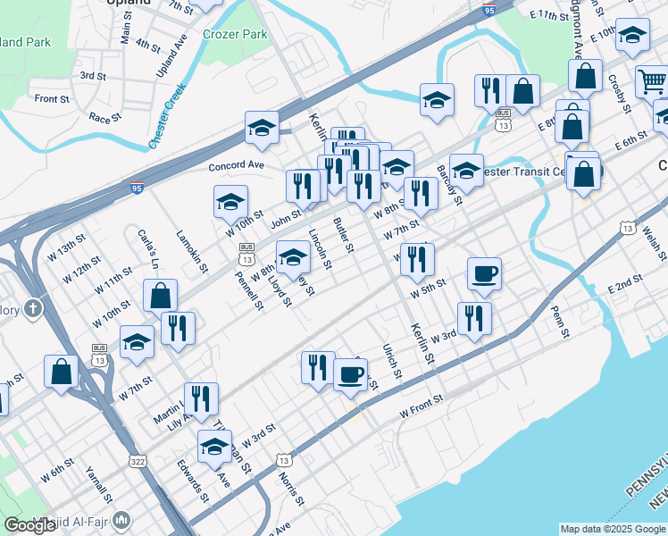 map of restaurants, bars, coffee shops, grocery stores, and more near 839 West 7th Street in Chester