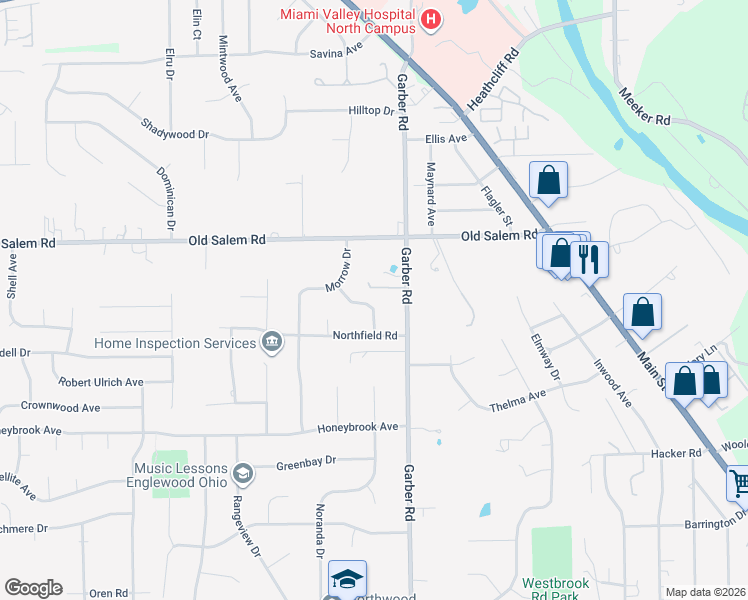 map of restaurants, bars, coffee shops, grocery stores, and more near 6820 Highfield Drive in Dayton