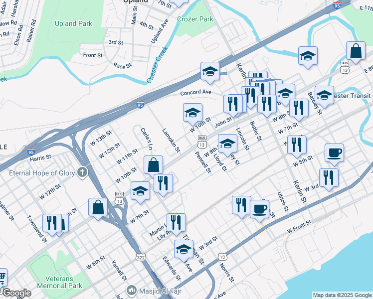 map of restaurants, bars, coffee shops, grocery stores, and more near 1216 West 9th Street in Chester