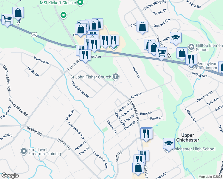 map of restaurants, bars, coffee shops, grocery stores, and more near 1310 Rolling Glen Drive in Boothwyn