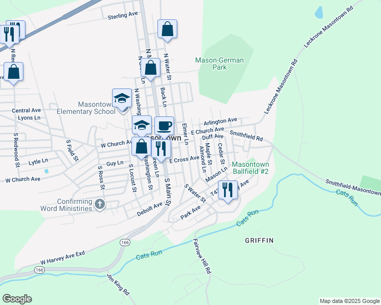 map of restaurants, bars, coffee shops, grocery stores, and more near 16 Elmer Lane in Masontown