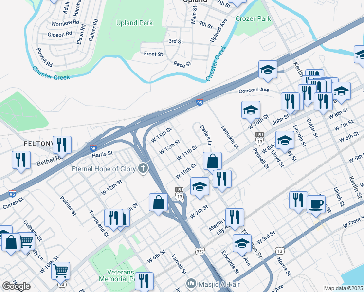 map of restaurants, bars, coffee shops, grocery stores, and more near 1122 Tilghman Street in Chester