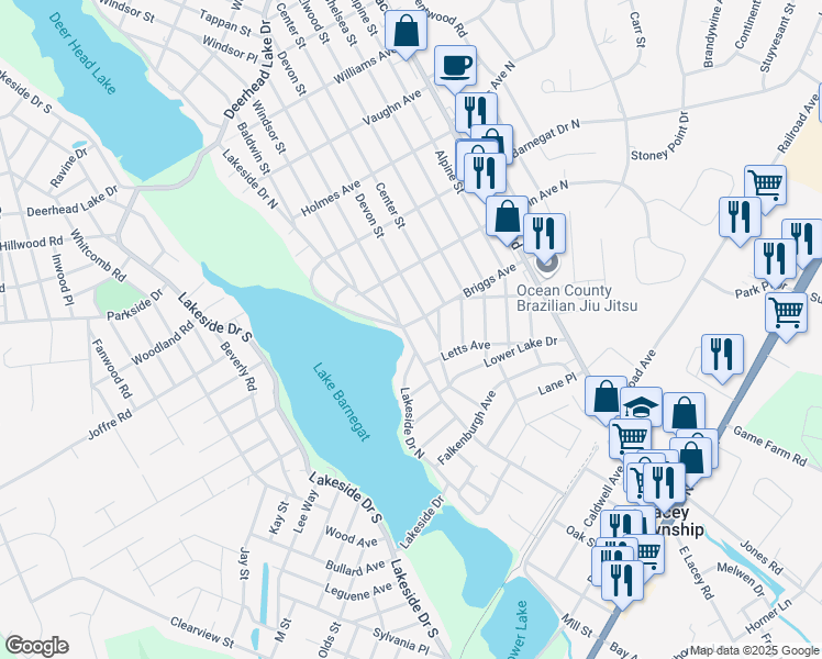 map of restaurants, bars, coffee shops, grocery stores, and more near 334 Station Drive in Lacey Township