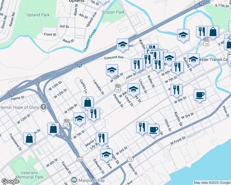 map of restaurants, bars, coffee shops, grocery stores, and more near 1109 West 9th Street in Chester