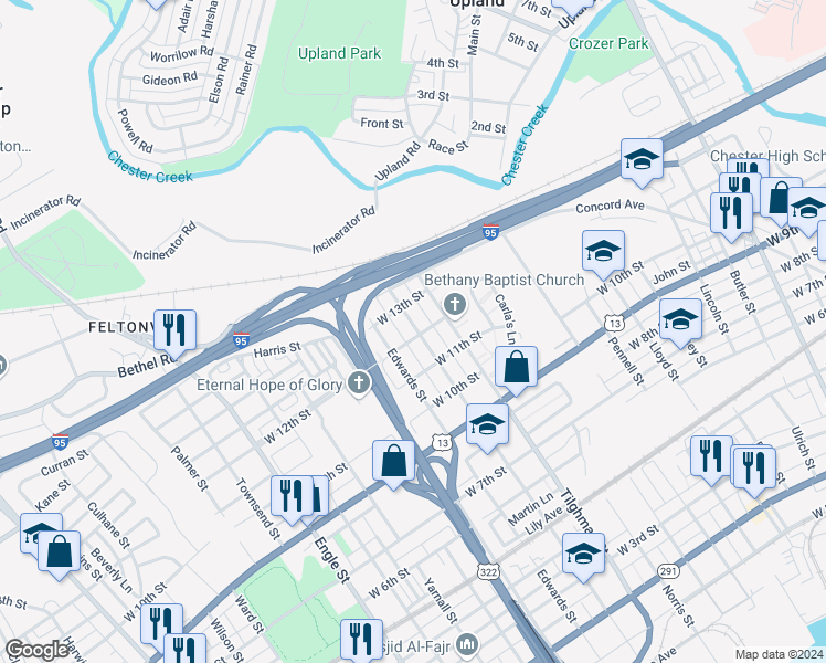 map of restaurants, bars, coffee shops, grocery stores, and more near 1218 Central Avenue in Chester