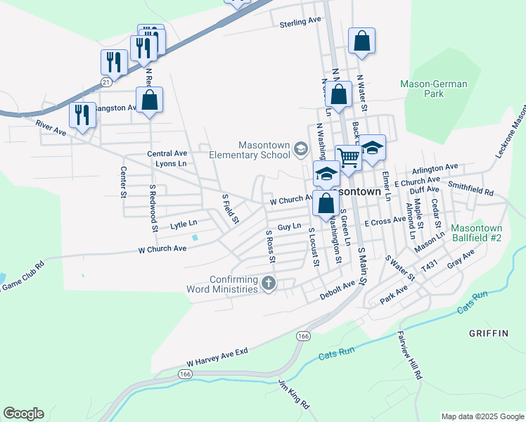 map of restaurants, bars, coffee shops, grocery stores, and more near 235 West Church Avenue in Masontown