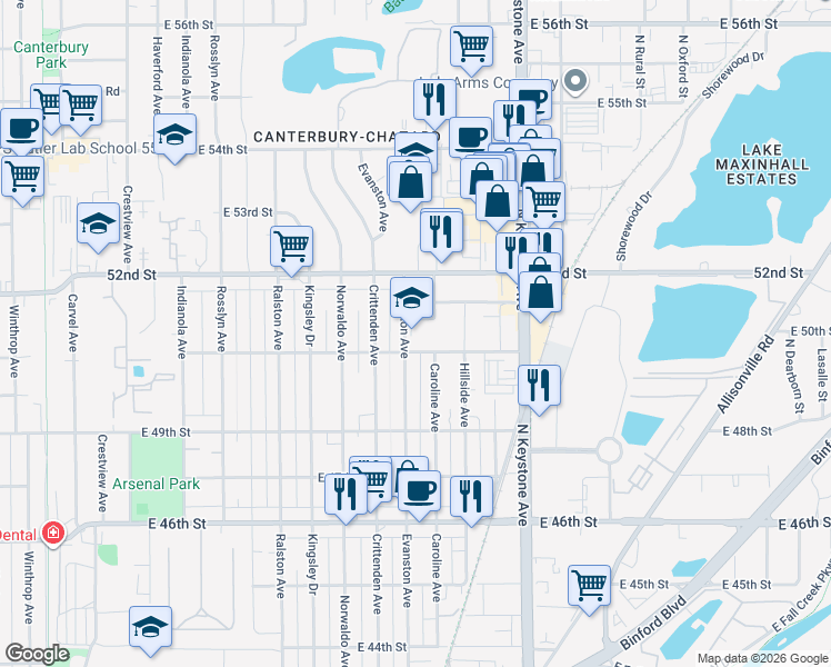 map of restaurants, bars, coffee shops, grocery stores, and more near 5100 Caroline Street in Indianapolis