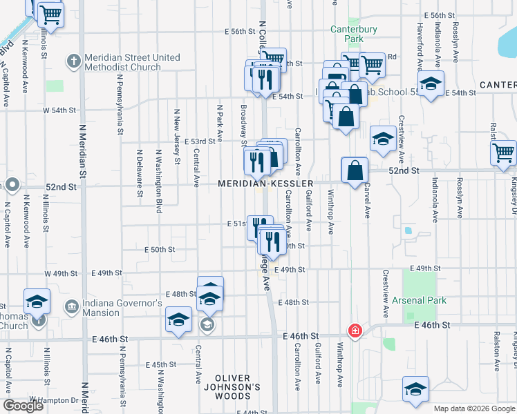 map of restaurants, bars, coffee shops, grocery stores, and more near 5121 Broadway Street in Indianapolis