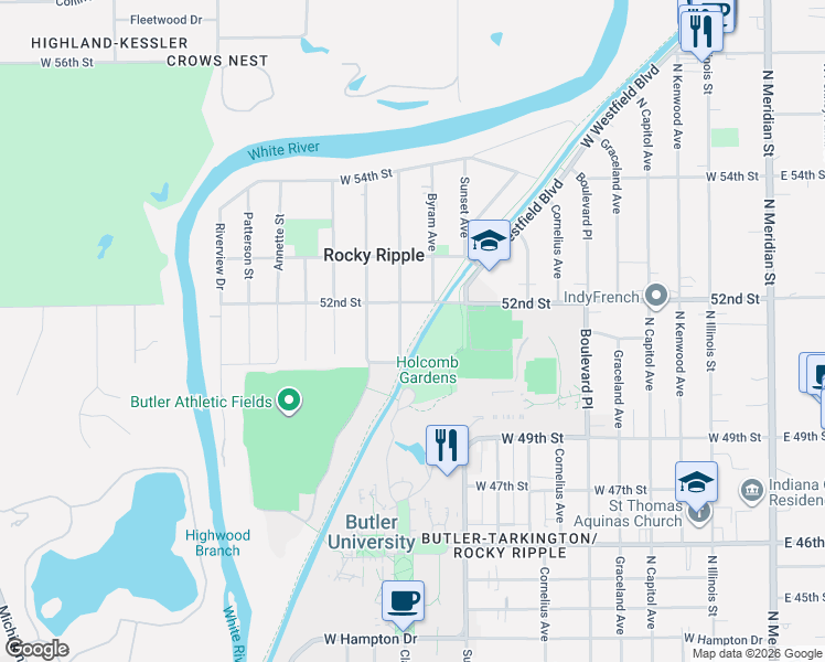 map of restaurants, bars, coffee shops, grocery stores, and more near 5186 Byram Avenue in Indianapolis
