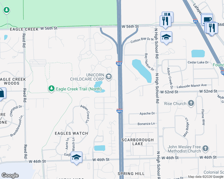 map of restaurants, bars, coffee shops, grocery stores, and more near 5234 Tufton Drive in Indianapolis