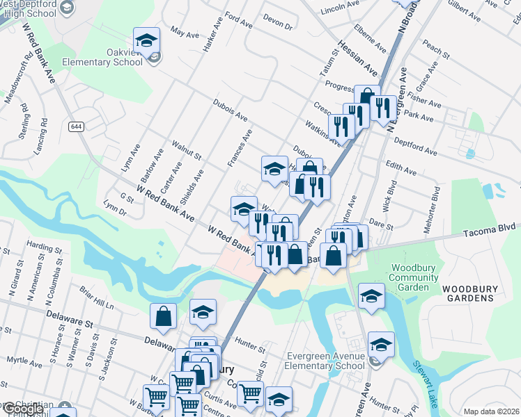map of restaurants, bars, coffee shops, grocery stores, and more near 71 Walnut Street in Woodbury