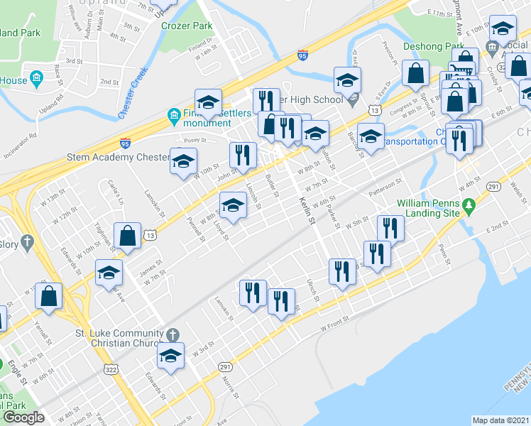 map of restaurants, bars, coffee shops, grocery stores, and more near 839 West 7th Street in Chester